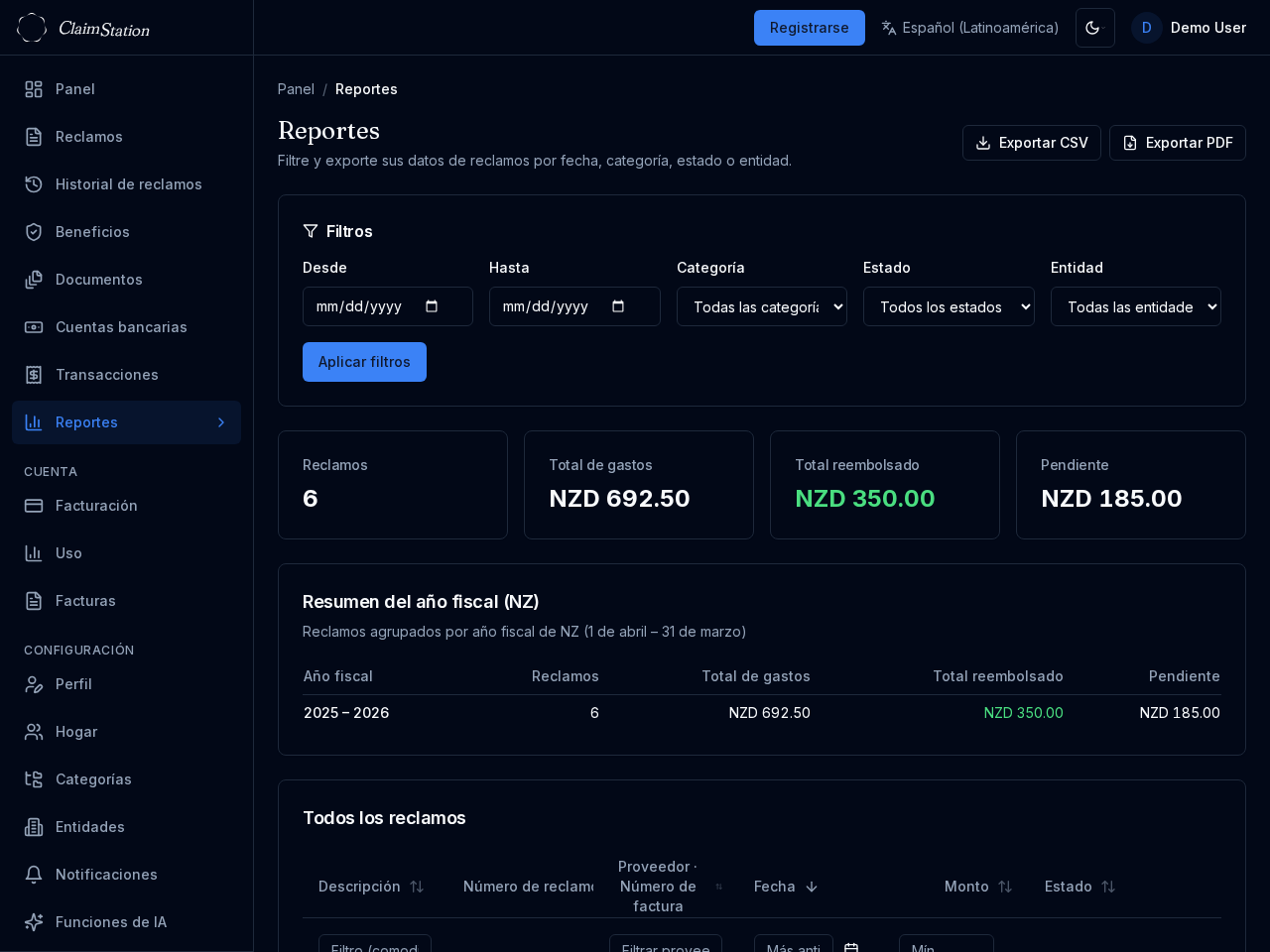 Vista de informes de ClaimStation